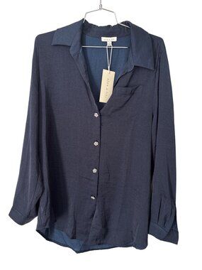 Alex and Lili Button Front Shirt Size Large Long Sleeve Navy Blue Polyester NEW